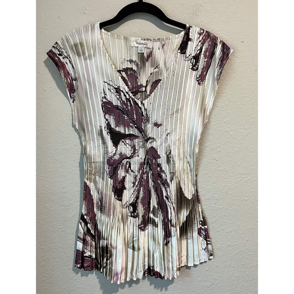 Dressbarn Pleated Blouse Size Large V-Neck Short Sleeve Floral Artsy Classic